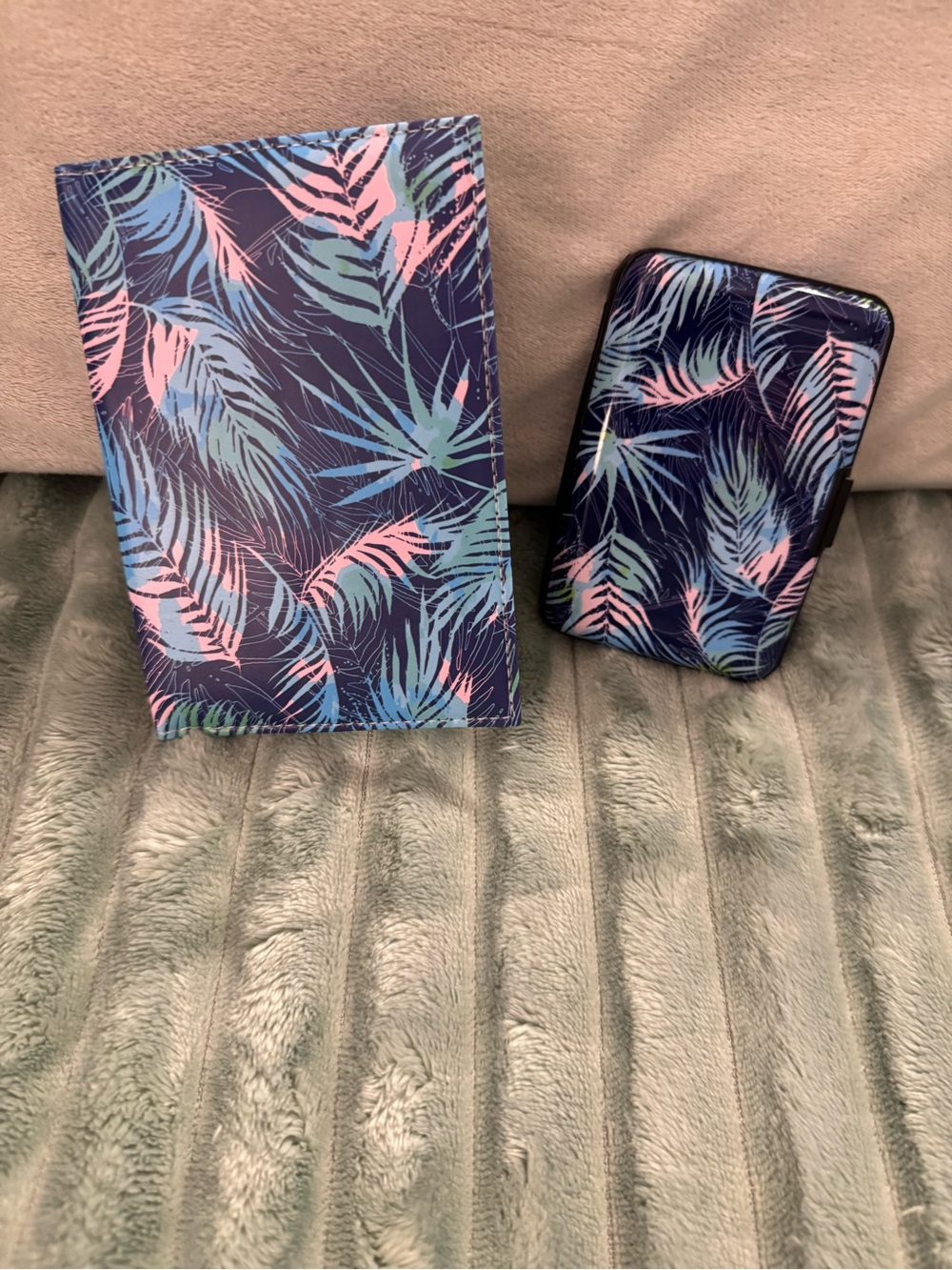 Tropical Leaf Passport Holder & Card Case Set - Navy, Pink, Mint